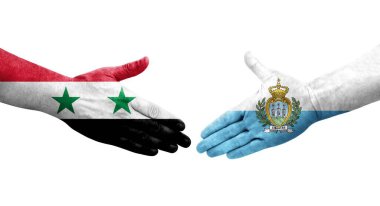 San Marino ve Suriye bayrakları arasında el sıkışma, izole şeffaf görüntü.
