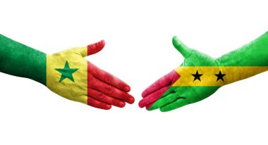 Sao Tome, Principe ve Senegal bayrakları arasındaki el sıkışma, izole şeffaf görüntü.