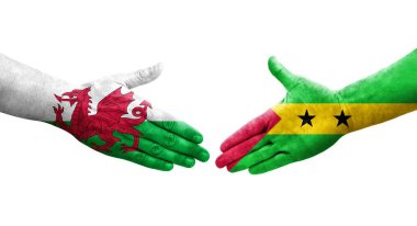 Ellerinde Sao Tome, Principe ve Wales bayrakları arasında el sıkışma, izole şeffaf görüntü.