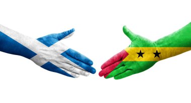 Sao Tome, Principe ve İskoçya bayrakları arasındaki el sıkışma, izole şeffaf görüntü.