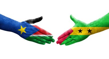 Sao Tome ve Principe arasındaki el sıkışma ve ellerinde Güney Sudan bayrakları, izole şeffaf görüntü.