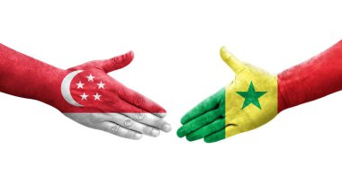 Senegal ve Singapur bayrakları arasındaki tokalaşma elleri boyalı, izole şeffaf görüntü.