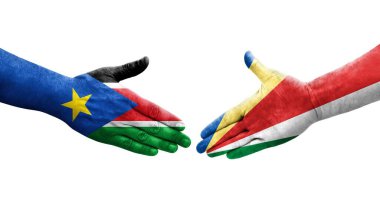 Seyşeller ve Güney Sudan bayrakları arasında el sıkışma, izole şeffaf görüntü.