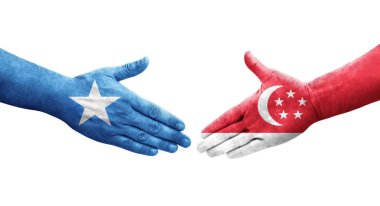 Singapur ve Somali bayrakları arasındaki el sıkışma ellerinde resmedilmiş şeffaf görüntü.