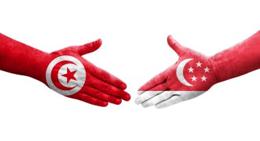Singapur ve Tunus bayrakları arasındaki el sıkışma ellerinde resmedilmiş şeffaf görüntü.