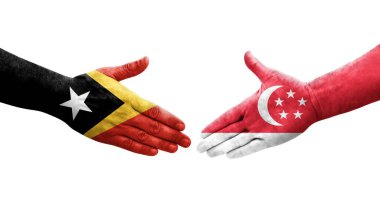Singapur ve Timor Leste bayrakları arasındaki tokalaşma elleri boyalı, izole şeffaf görüntü.