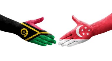 Singapur ve Vanuatu bayrakları arasındaki el sıkışma ellerinde izole şeffaf görüntü.