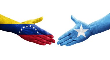 Somali ve Venezuela bayrakları arasındaki el sıkışma ellerinde resmedilmiş şeffaf görüntü.