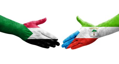 Sudan ve Ekvator Gine bayrakları arasındaki el sıkışma, izole şeffaf görüntü.