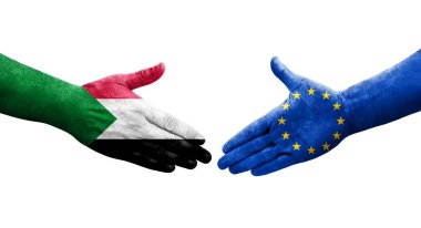 Sudan ve Avrupa Birliği bayrakları arasındaki el sıkışma, izole şeffaf görüntü.