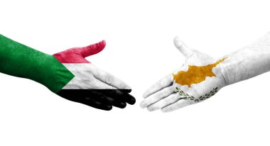 Sudan ile Kıbrıs bayrakları arasındaki el sıkışma, izole edilmiş şeffaf görüntü.