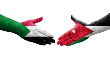Sudan ve Ürdün bayrakları arasındaki el sıkışma ellere boyanmış, izole şeffaf görüntü.
