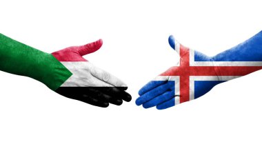 Sudan ve İzlanda bayrakları arasında el sıkışma, izole edilmiş şeffaf görüntü.
