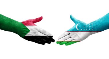 Sudan ile Özbekistan bayrakları arasındaki el sıkışma, izole edilmiş şeffaf görüntü.