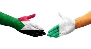 Sudan ve İrlanda bayrakları arasındaki tokalaşma elleri boyalı, izole şeffaf görüntü.
