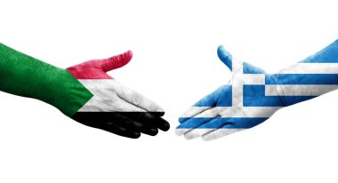 Sudan ve Yunanistan arasındaki el sıkışma ellerinde bayraklar, izole edilmiş şeffaf görüntü.