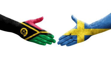 İsveç ve Vanuatu bayrakları arasında el sıkışma, izole şeffaf görüntü.