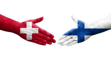 İsviçre ve Finlandiya bayrakları arasında el sıkışma, izole şeffaf görüntü.