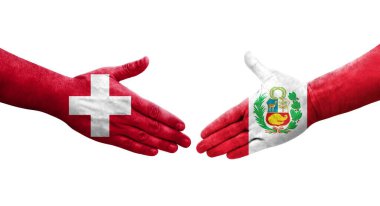 İsviçre ve Peru bayrakları arasındaki el sıkışma, izole şeffaf görüntü.