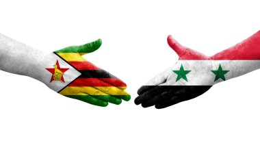 Suriye ve Zimbabwe bayrakları arasında el sıkışma, izole şeffaf görüntü.