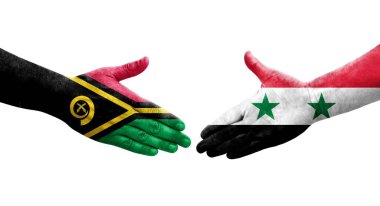 Suriye ve Vanuatu bayrakları arasında el sıkışma, izole şeffaf görüntü.