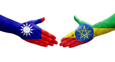 Tayvan ve Etiyopya bayrakları arasındaki el sıkışma ellerinde izole şeffaf görüntü.