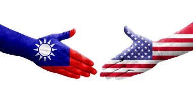 Tayvan ve ABD bayrakları arasında el sıkışma, izole edilmiş şeffaf görüntü.