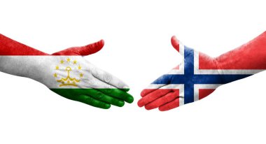 Tacikistan ve Norveç bayrakları arasında el sıkışma, izole şeffaf görüntü.