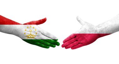 Tacikistan ve Polonya bayrakları arasında el sıkışma, izole şeffaf görüntü.