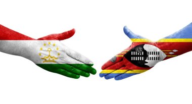 Tacikistan ve Eswatini bayrakları arasındaki el sıkışma ellerinde izole şeffaf görüntü.
