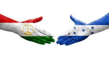 Tacikistan ve Honduras bayrakları arasındaki el sıkışma, izole şeffaf görüntü.