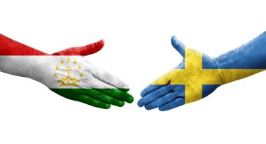 Tacikistan ve İsveç bayrakları arasında el sıkışma, izole şeffaf görüntü.
