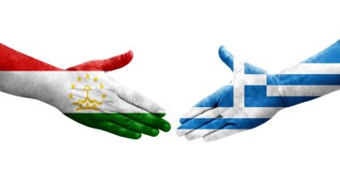 Tacikistan ve Yunanistan arasındaki el sıkışma ellerinde boyanmış bayraklar, izole edilmiş şeffaf görüntü.