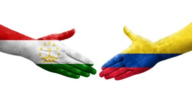Tacikistan ve Kolombiya bayrakları arasında el sıkışma, izole şeffaf görüntü.