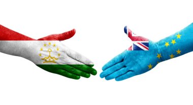 Tacikistan ve Tuvalu bayrakları arasındaki el sıkışma, izole şeffaf görüntü.
