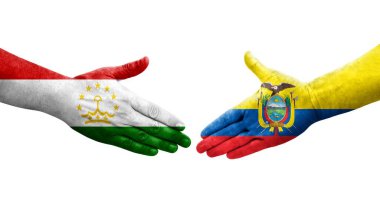 Tacikistan ve Ekvador bayrakları arasındaki el sıkışma, izole şeffaf görüntü.