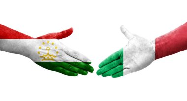 Tacikistan ve İtalya bayrakları arasındaki el sıkışma, izole şeffaf görüntü.