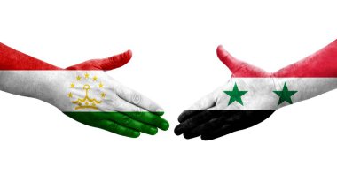Tacikistan ve Suriye bayrakları arasında el sıkışma, izole şeffaf görüntü.