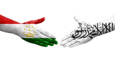 Tacikistan ve Afganistan bayrakları arasındaki el sıkışma, izole edilmiş şeffaf görüntü.