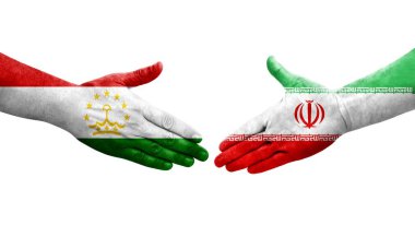 Tacikistan ve İran bayrakları arasındaki el sıkışma, izole şeffaf görüntü.