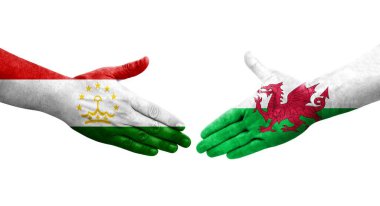 Tacikistan ve Galler arasındaki el sıkışma ellerinde boyanmış bayraklar, izole şeffaf görüntü.