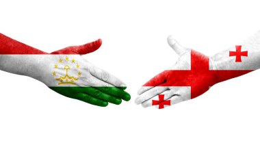 Tacikistan ve Gürcistan bayrakları arasındaki el sıkışma, izole şeffaf görüntü.