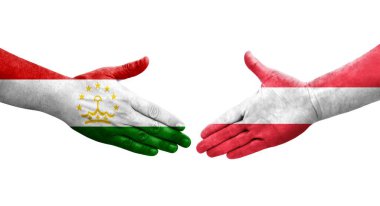 Tacikistan ve Avusturya bayrakları arasındaki el sıkışma, izole şeffaf görüntü.
