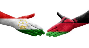 Tacikistan ve Malawi bayrakları arasındaki el sıkışma, izole şeffaf görüntü.