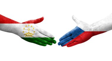 Tacikistan ve Çek bayrakları arasındaki el sıkışma, izole şeffaf görüntü.
