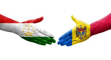 Tacikistan ve Moldova bayrakları arasındaki el sıkışma, izole şeffaf görüntü.