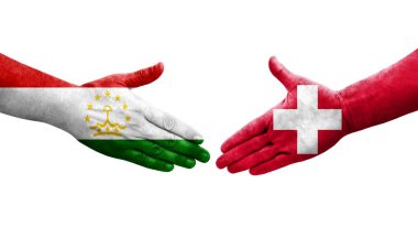 Tacikistan ve İsviçre bayrakları arasındaki el sıkışma, izole şeffaf görüntü.