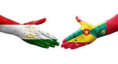 Tacikistan ve Grenada bayrakları arasındaki el sıkışma, izole şeffaf görüntü.