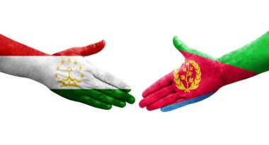 Tacikistan ve Eritre bayrakları arasındaki el sıkışma ellerinde izole şeffaf görüntü.