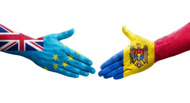 Tuvalu ve Moldova bayrakları arasındaki el sıkışma, izole edilmiş şeffaf görüntü.